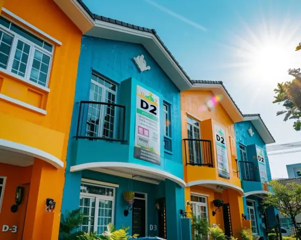Maisons colorées D2 et D3 sous un soleil éclatant. La peinture vive des façades orange et bleu turquoise attire le regard.