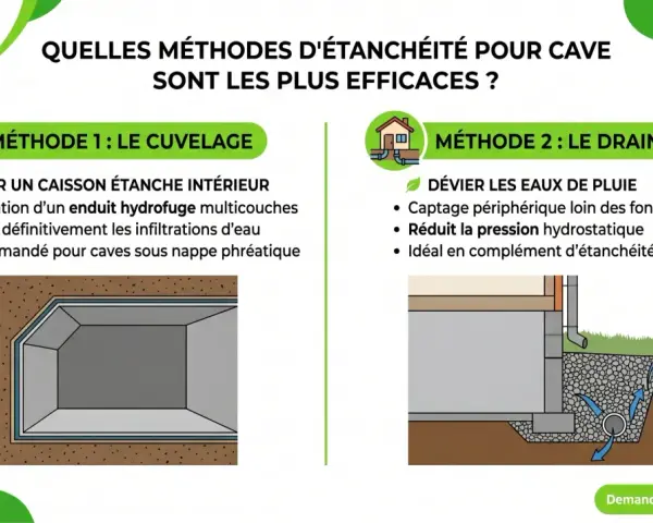 Méthode 1 : Le cuvelage, pour créer un caisson étanche intérieur. Méthode 2 : Le drainage, pour dévier les eaux.