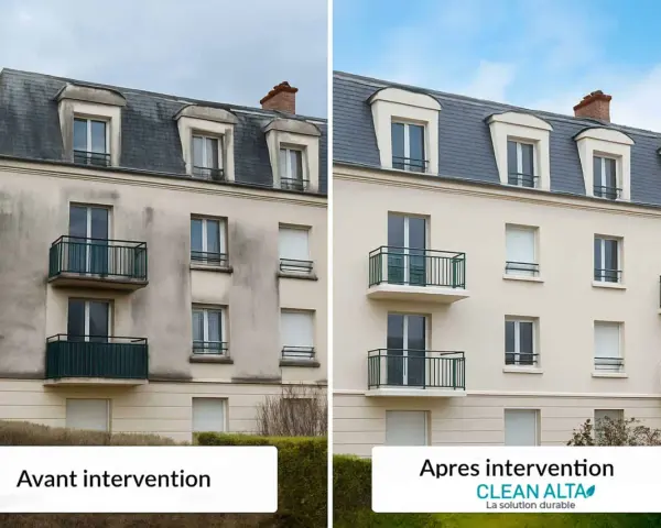 Comparaison avant/après d'un **nettoyage façade**. L'immeuble passe d'un aspect sale et gris à une apparence propre et lumineuse, comme neuve.