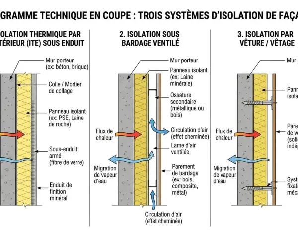 Diagramme comparant trois systèmes d'isolation de façade : ITE sous enduit, bardage ventilé et vêture. L'isolation sous enduit présente un flux de chaleur et une migration de vapeur d'eau.