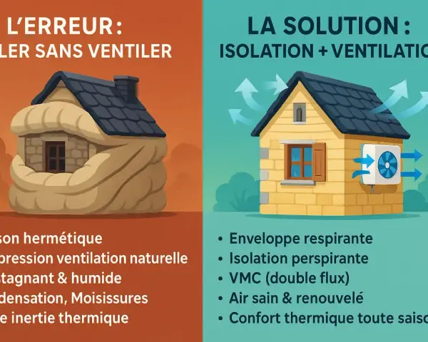 Maison étouffée par l'isolation sans ventilation, contrastant avec une maison aérée et ventilée. L'isolation de la maison est essentielle, mais la ventilation l'est tout autant.
