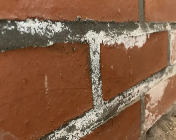 Efflorescence blanche sur les joints d'un mur de briques, signe de salpêtre dans la maison.