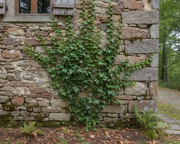 Lierre grimpant sur un mur de soubassement en pierre, près d'une fenêtre avec volets en bois. La végétation s'épanouit sur la façade ancienne.