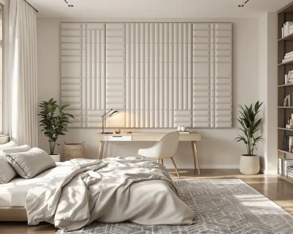 Chambre moderne avec un lit douillet, un bureau et une bibliothèque. Le mur derrière le bureau est orné de panneaux texturés, offrant une excellente isolation phonique mur chambre.