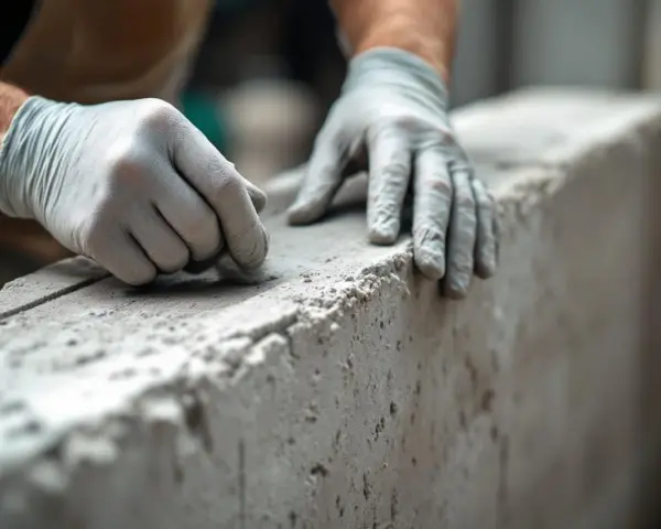 Mains gantées travaillant sur un linteau en béton brut. La texture granuleuse du matériau est visible, suggérant un travail de finition minutieux.