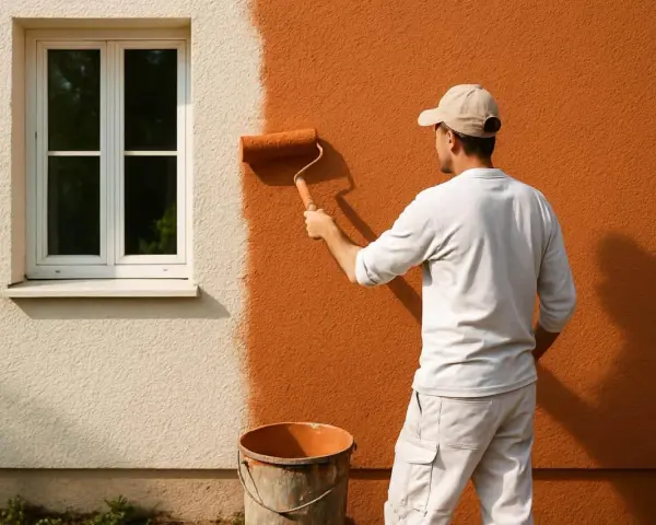 Un homme peint un mur extérieur d'une maison en orange vif avec un rouleau. Le crépi au rouleau donne une texture intéressante.