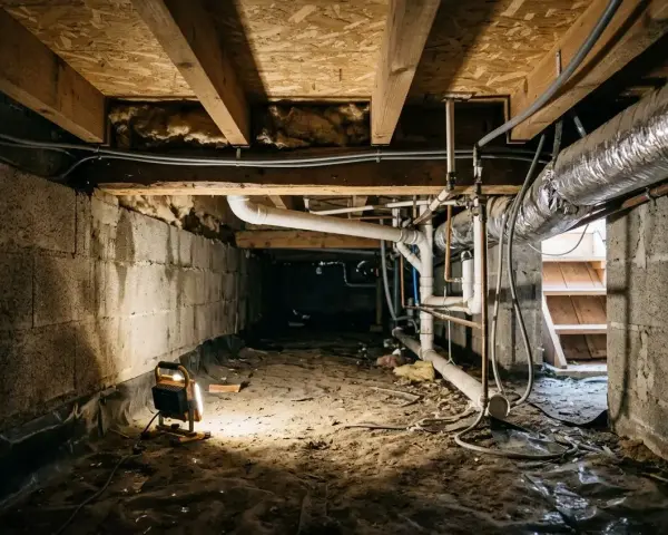 Éclairage d'un vide sanitaire avec un projecteur, révélant les tuyaux et la bâche d'étanchéité vide sanitaire.