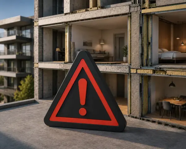 Panneau d'avertissement devant un bâtiment en coupe montrant l'isolation acoustique murale.