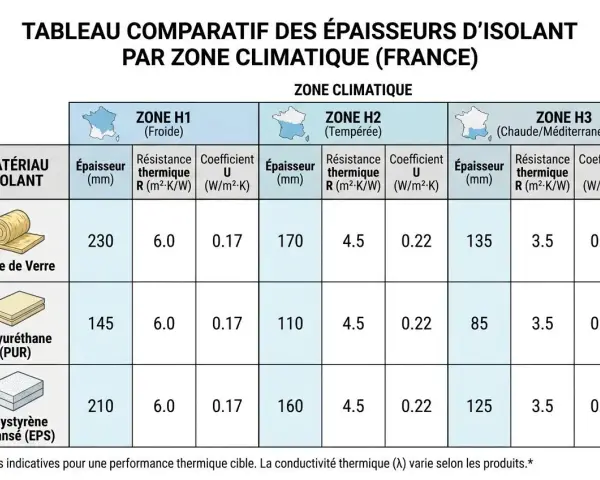 Tableau comparatif des épaisseurs d'isolant par zone climatique. Il montre le coefficient d'isolation thermique pour la laine de verre, le polyuréthane et le polystyrène expansé.