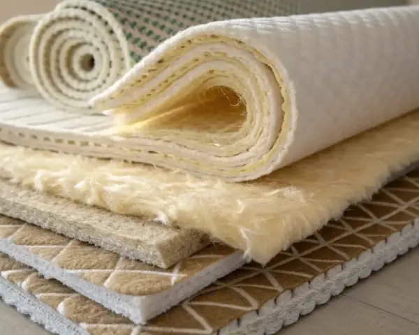 Échantillons de matériaux pour l'isolation textile recyclé, montrant différentes textures et épaisseurs.