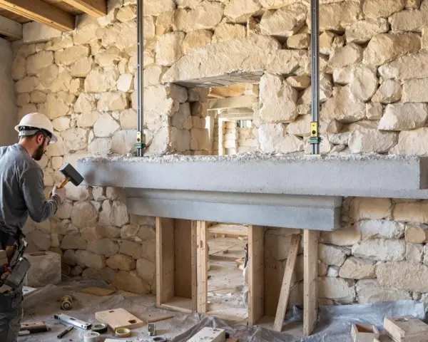 Un ouvrier ajuste une cheminée en béton devant une ouverture dans un mur en pierre.