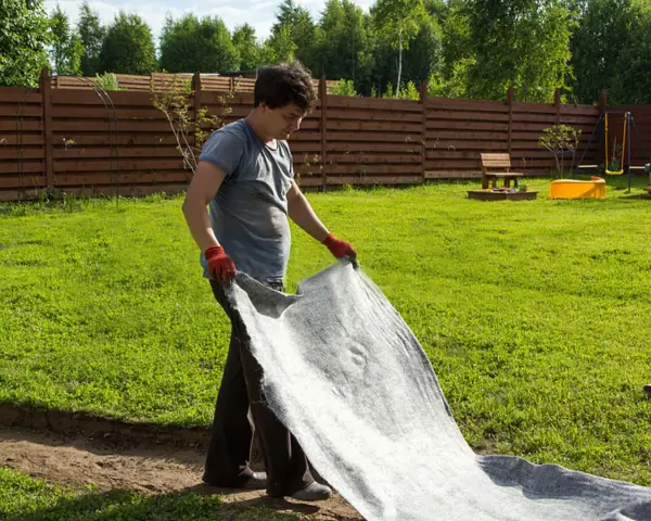 Un homme déroule un géotextile gris dans un jardin. Il réfléchit à quel geotextile choisir pour son projet d'aménagement paysager.
