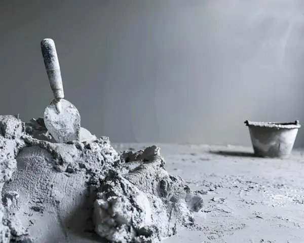 Une truelle repose sur un tas de ciment frais, prêt pour une utilisation ciment prompt sans sable. Un seau est visible au loin.