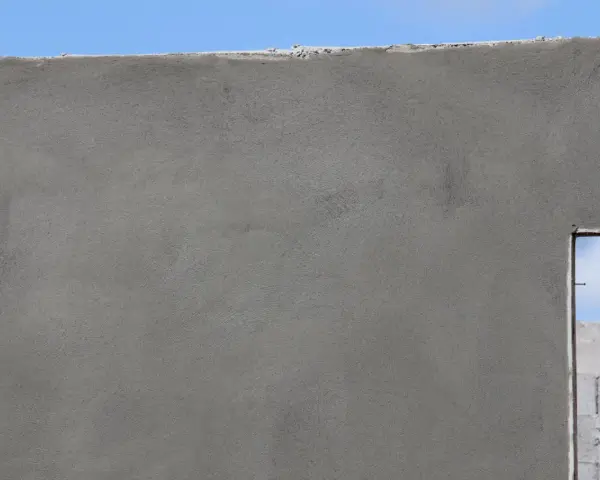 Le ragréage du mur extérieur est presque terminé, offrant une surface lisse et uniforme avant l'application de la finition.