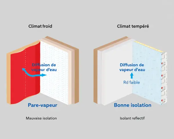 Comparaison de pare-vapeur et étanchéité pour climats froids et tempérés. Illustration de la diffusion de vapeur d'eau.
