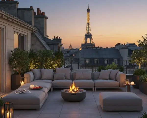 Aménagement toit terrasse parisien avec vue sur la Tour Eiffel, mobilier confortable et feu de camp.