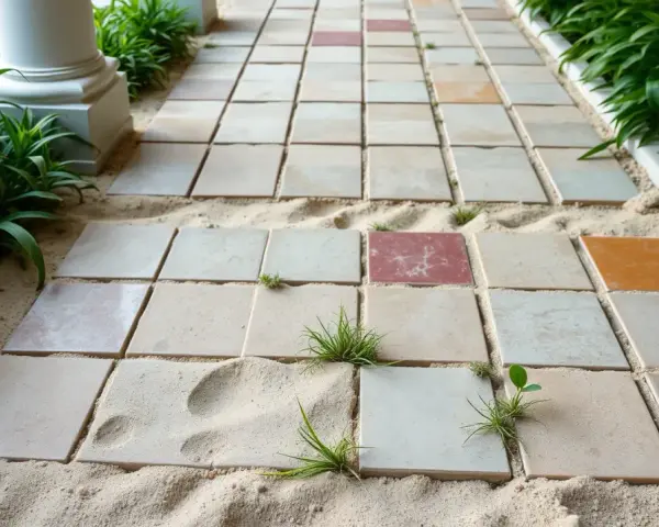 Chemin de dalles carrées sur du sable, avec des brins d'herbe poussant entre elles. L'épaisseur du lit de sable pour dalle est visible.