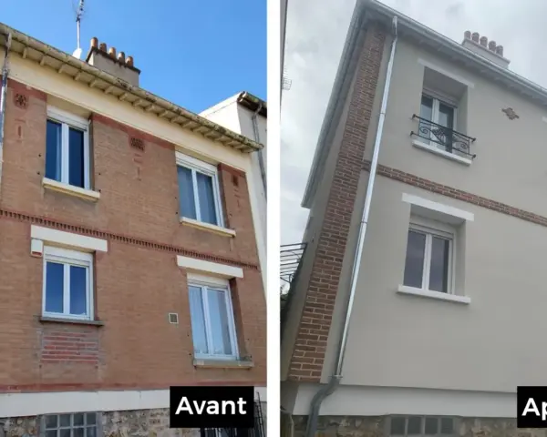 Rénovation d'une façade : avant, la brique est usée ; après, elle est ravalée et repeinte en beige clair.