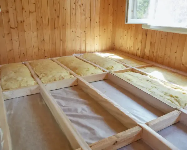 Isolation entre solives de plancher en cours. Laine de verre jaune posée dans la structure en bois.