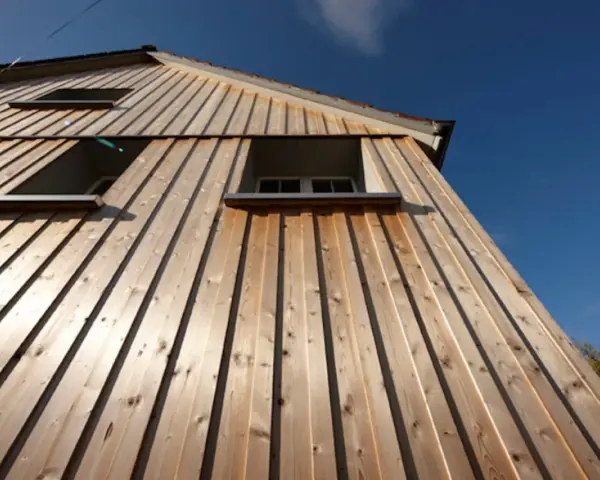 Vue en contre-plongée d'une maison avec un bardage bois clair, mettant en valeur la pose verticale des lames. Trois fenêtres sont visibles sous un ciel bleu éclatant.