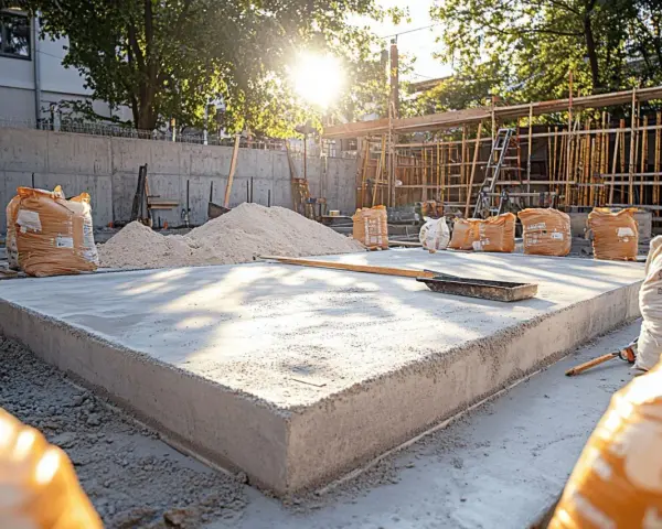 Chantier de terrasse : sacs de matériaux pour terrasse béton, sable et béton frais sous le soleil.
