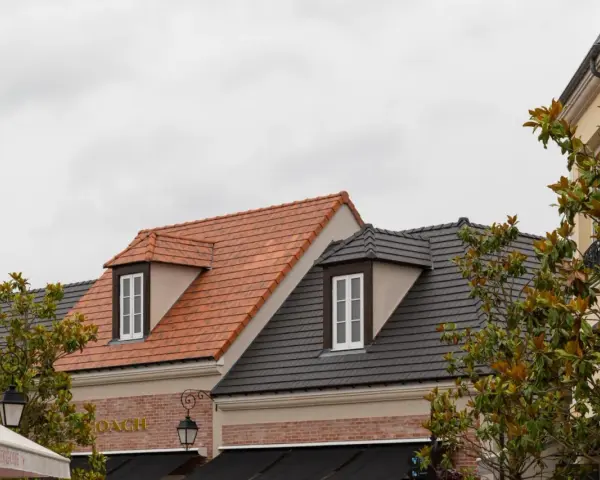 Toits de bâtiments avec différents types de tuiles : une toiture en tuiles d'argile orangées et une autre en tuiles d'ardoise grises.