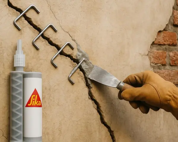 Réparation d'une micro fissure sur un mur de maison avec des agrafes métalliques et un produit Sika.