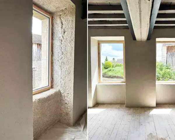 Avant/après : l'isolation chaux chanvre transforme une pièce. Les murs bruts laissent place à une finition lisse et chaleureuse.