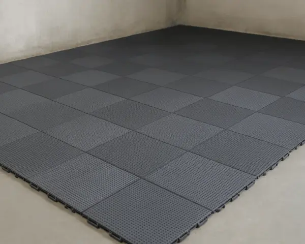 Dalles modulaires grises posées sur un sol de garage. L'épaisseur de la dalle béton garage est ici optimisée par ce revêtement pratique.