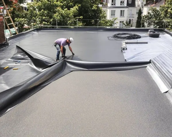 Pose d'une membrane d'étanchéité pour l'isolant toit plat. Un ouvrier déroule la bâche noire sur le toit.