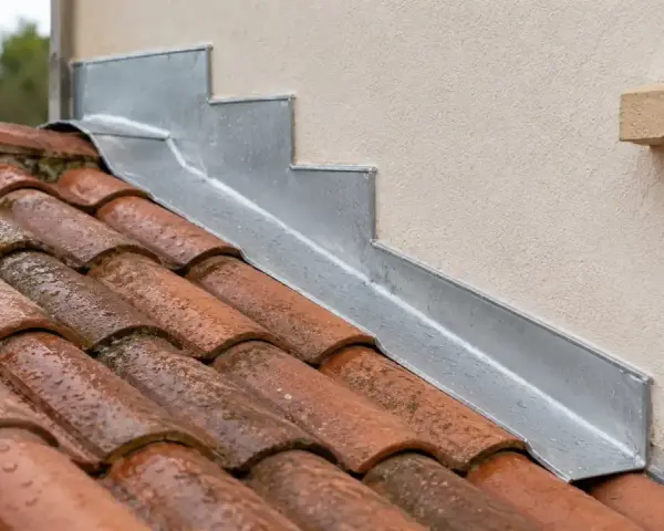 Détail d'une pose de solin en zinc contre un mur, protégeant les tuiles de la pluie.