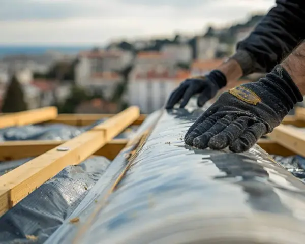 Mains gantées déroulant un pare-pluie sur une charpente en bois, avec une ville et la mer en arrière-plan.