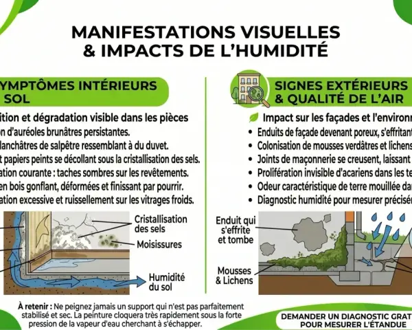Infographie sur les manifestations et impacts de l'humidité, incluant les symptômes intérieurs, extérieurs et les solutions pour l'étanchéité mur enterré.