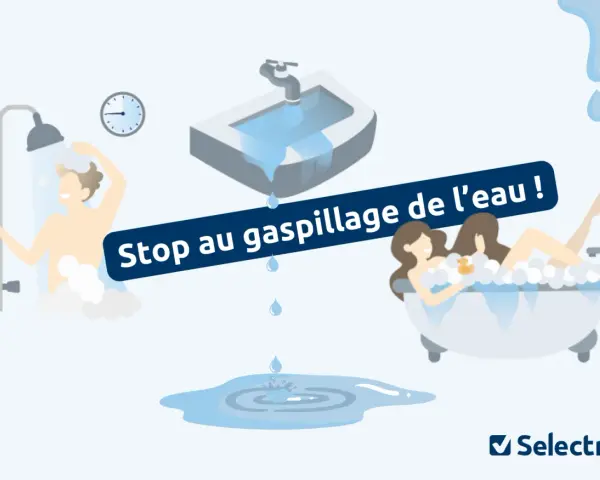 Des gouttes d'eau tombent d'un lavabo et d'une douche, illustrant le gaspillage d'eau à la maison. Une baignoire pleine de mousse est également visible.