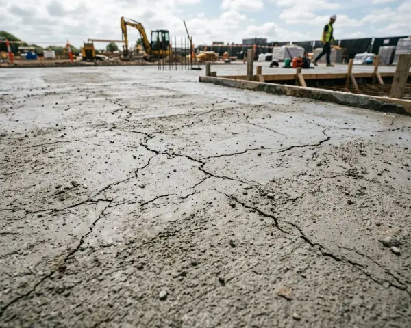 Dalle de béton fraîchement coulée présentant des fissures. Chantier en arrière-plan.