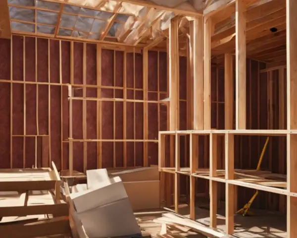 Intérieur d'une maison en construction, avec charpente en bois et pose de laine de verre sur les murs.