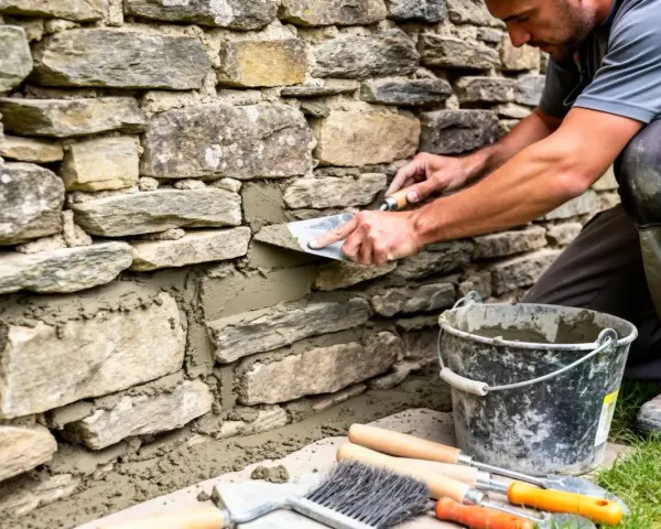 Un maçon applique du mortier sur un mur de pierres brutes, assurant un **traitement pierre** durable. Outils et seau de ciment à proximité.