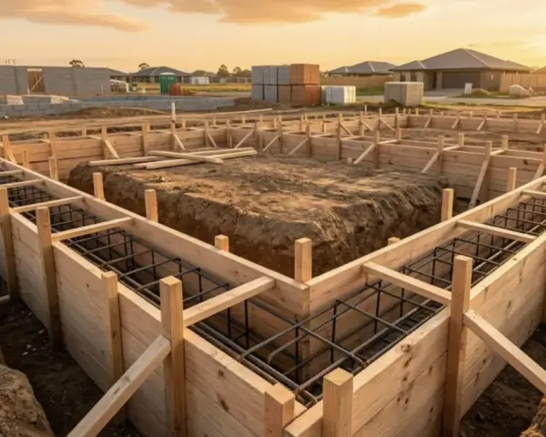 Construction d'une fondation : on peut voir le travail pour faire un coffrage en bois, prêt à recevoir le béton.