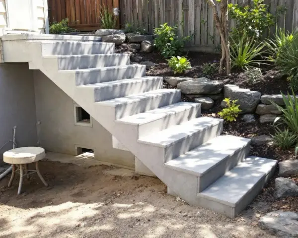 Un nouvel escalier extérieur en béton mène à un jardin paysager avec des rochers et des plantes luxuriantes.