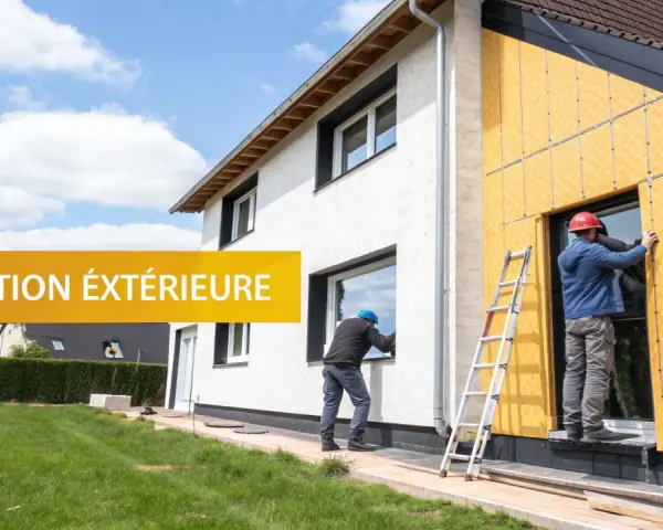 Des ouvriers installent une isolation extérieure sur une maison. Ce chantier modenature ite améliore le confort et l'efficacité énergétique.