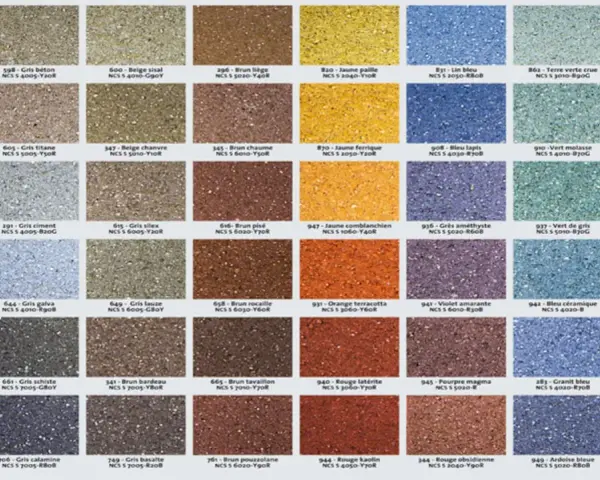 Échantillons de couleur enduit facade : une grille de 60 carrés présentant des textures granuleuses dans une palette de gris, bruns, jaunes, bleus, verts et rouges.