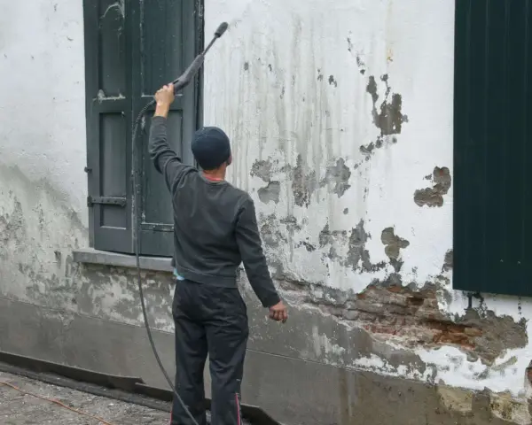 Un homme utilise un nettoyeur haute pression pour le sablage facade, révélant la brique sous l'enduit décrépit.