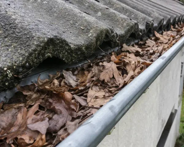 Gouttière remplie de feuilles mortes, nécessitant un nettoyage pour **déboucher la gouttière** et assurer un bon écoulement.
