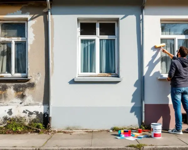 Un homme rénove une façade, appliquant un nouvel enduit soubassement. Des échantillons de couleurs et un pot de peinture sont prêts.