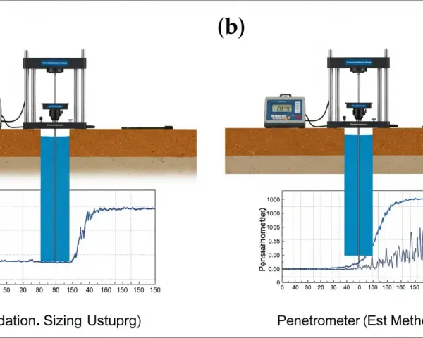 Schémas comparant deux méthodes d'essai pour le dimensionnement de la semelle de fondation : un poussiomètre et un pénétromètre.