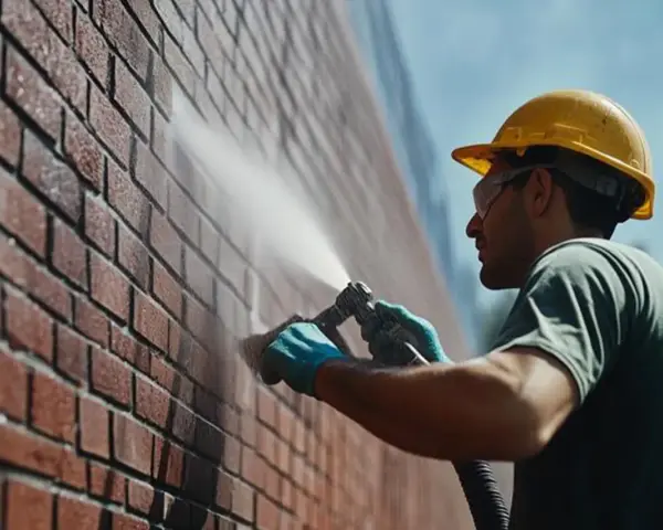 Un ouvrier en casque jaune nettoie un mur de briques avec un jet d'eau, assurant l'évacuation eau de pluie.