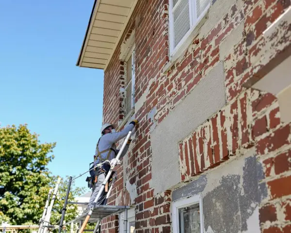 Un ouvrier sur un échafaudage réalise l'embellissement d'une façade de maison en briques rouges, sous un ciel bleu.