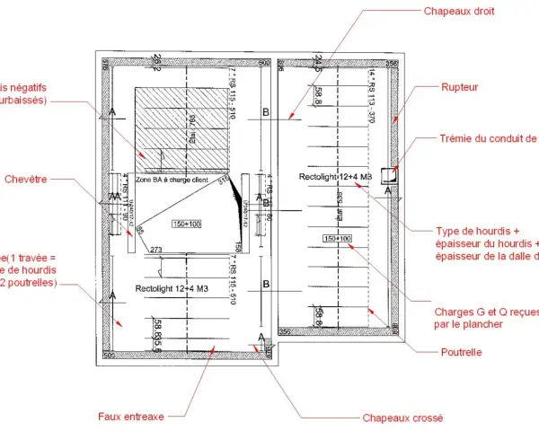 Plan de pose poutrelle hourdis : détail d'une dalle avec poutrelles, hourdis, zone de charges et trémie.