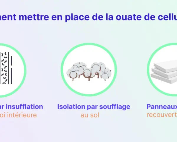 Illustration montrant comment mettre en place de la ouate de cellulose : insufflation, soufflage au sol, panneaux isolants.
