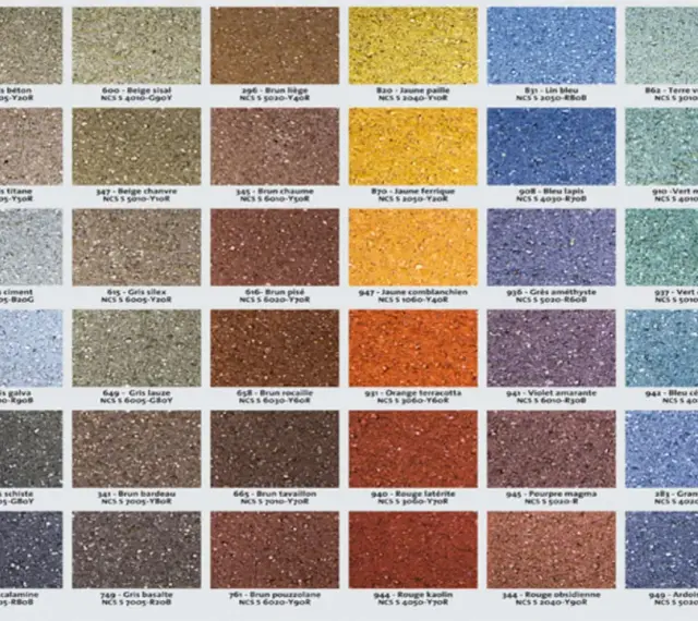 Échantillons de couleur enduit facade : une grille de 60 carrés présentant des textures granuleuses dans une palette de gris, bruns, jaunes, bleus, verts et rouges.